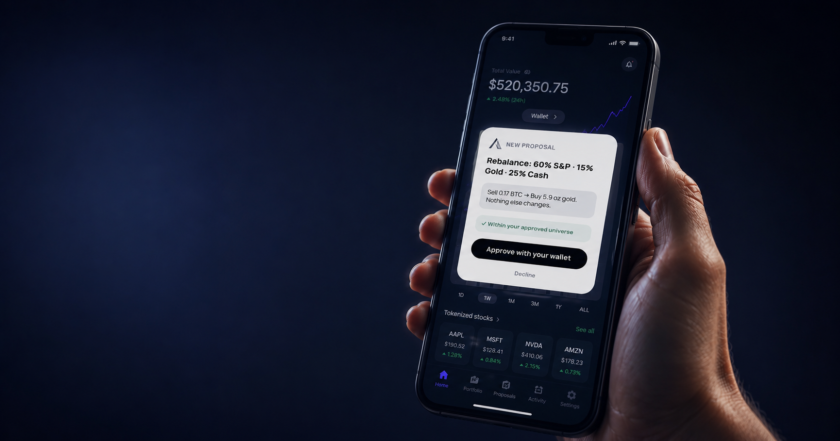 AlphaGlass client app — approving a rebalance proposal
